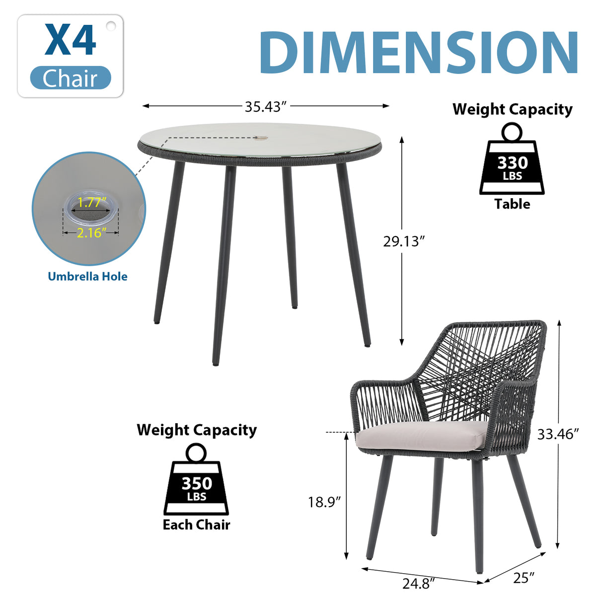 JOIVI 5-Piece Outdoor Patio Dining Set with Rattan Dining Chairs for 4-Person & Tempered Glass Table, 2.16” Umbrella Hole