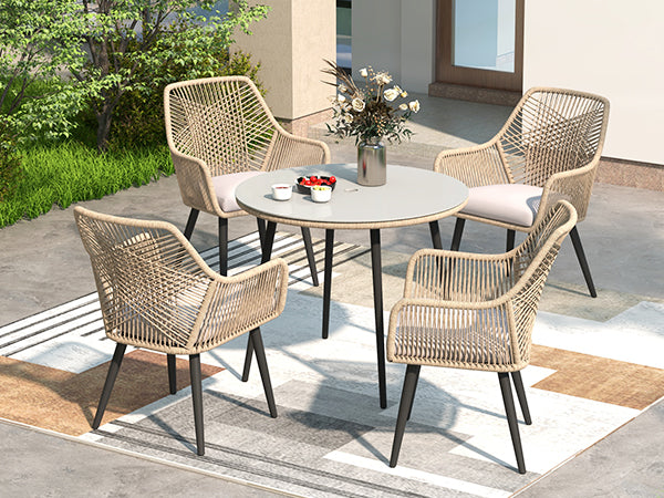 JOIVI 5-Piece Outdoor Patio Dining Set with Rattan Dining Chairs for 4-Person & Tempered Glass Table, 2.16” Umbrella Hole