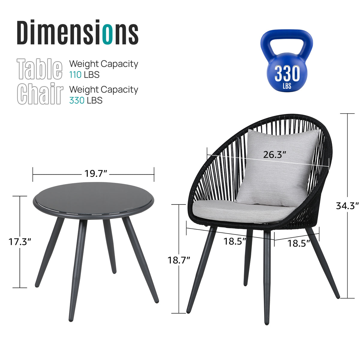 3 Piece Patio Bistro Set, Outdoor Woven Rope Conversation Balcony Furniture Set with Glass Top Table and Cushioned Chairs for Garden, Backyard, Deck, Poolside