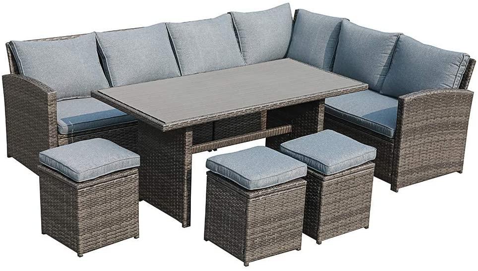 JOIVI 7 PCS PE Rattan Dining Set with Aluminium Table grey