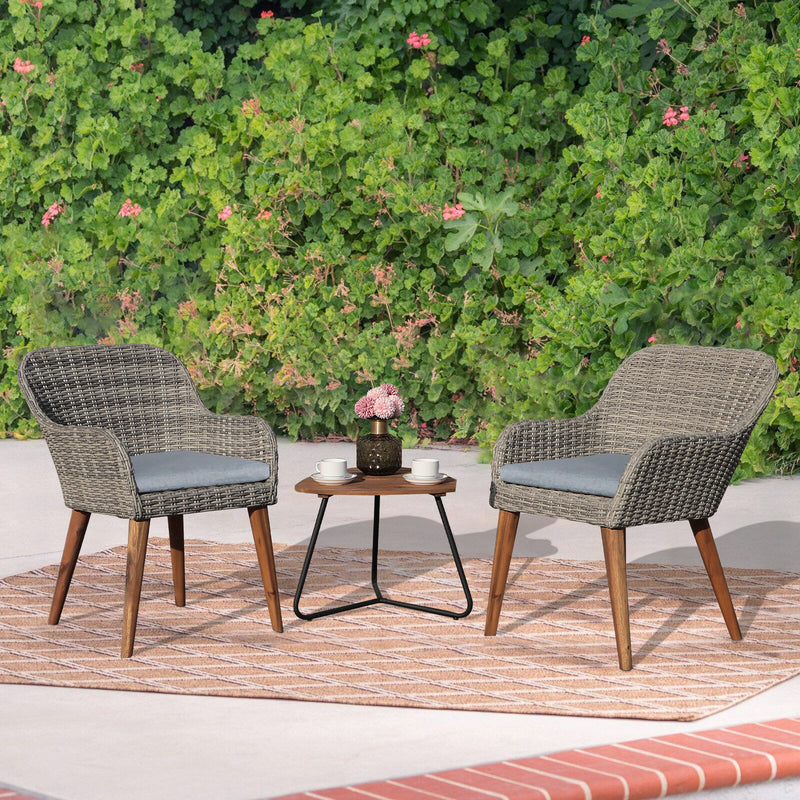 3-Piece Outdoor Bistro Set, Weather-resistant PE Wicker Patio Conversation Set with Cushion, Wood Top Side Table, Gray Wicker with Wood Leg