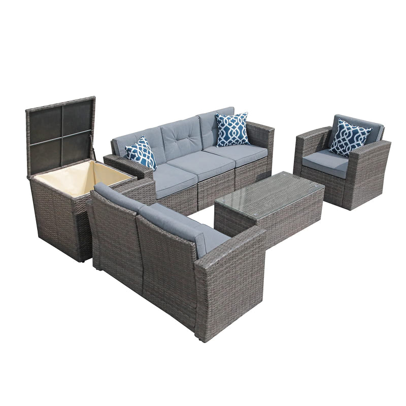 Outdoor Furniture Set, 8 Piece Patio Wicker Sectional Patio Furniture with Storage Box, Tempered Glass Coffee Table and Three Blue Pillows, Gray