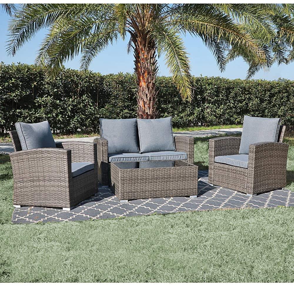 JOIVI 4 Piece PE Rattan Sectional Seating Group light grey