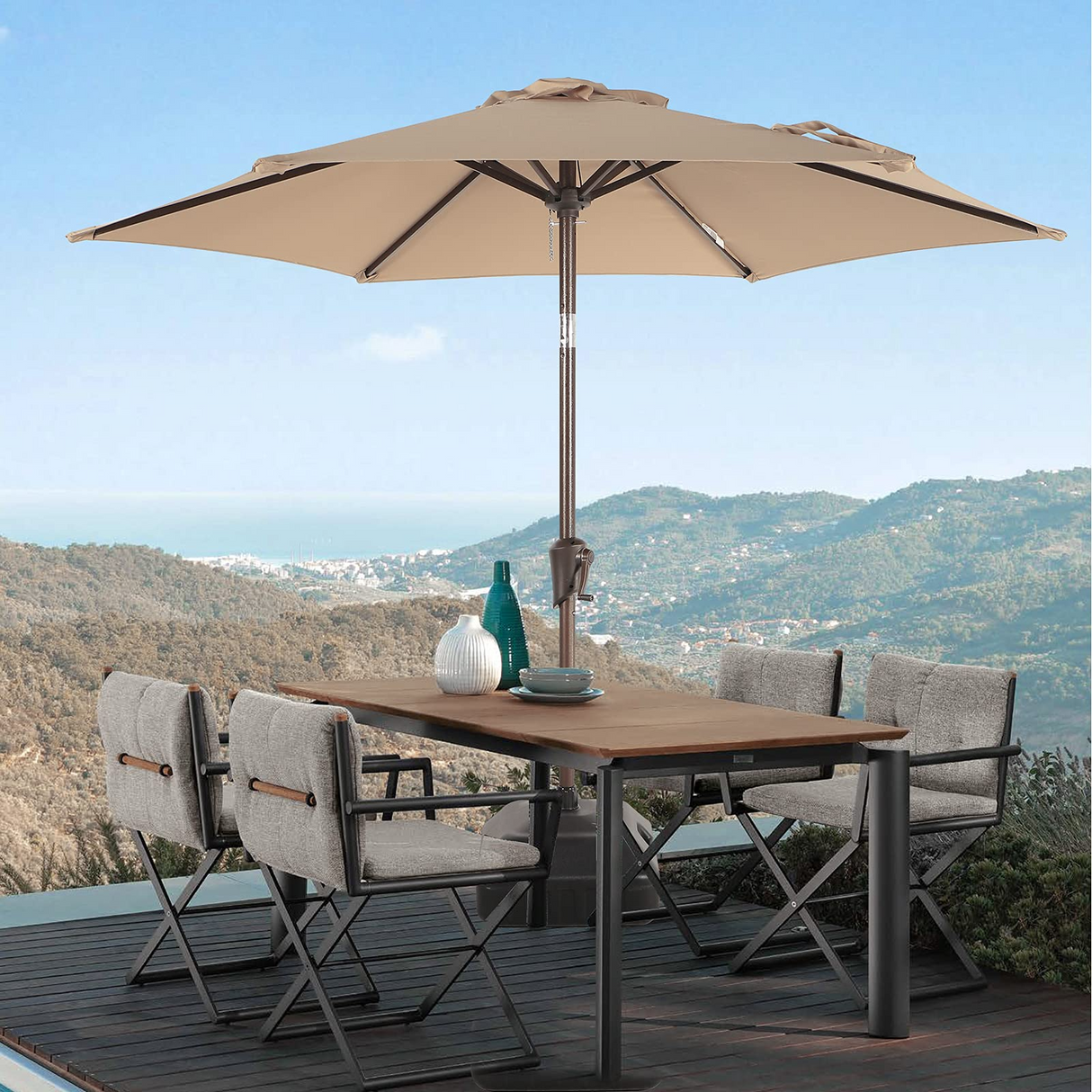 Patio Umbrella Outdoor Table Umbrella of 9-Feet with 8 Ribs and Push Button Tilt and Crank