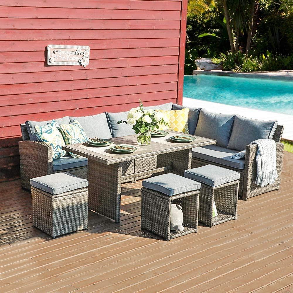 JOIVI 7 PCS PE Rattan Dining Set with Aluminium Table grey