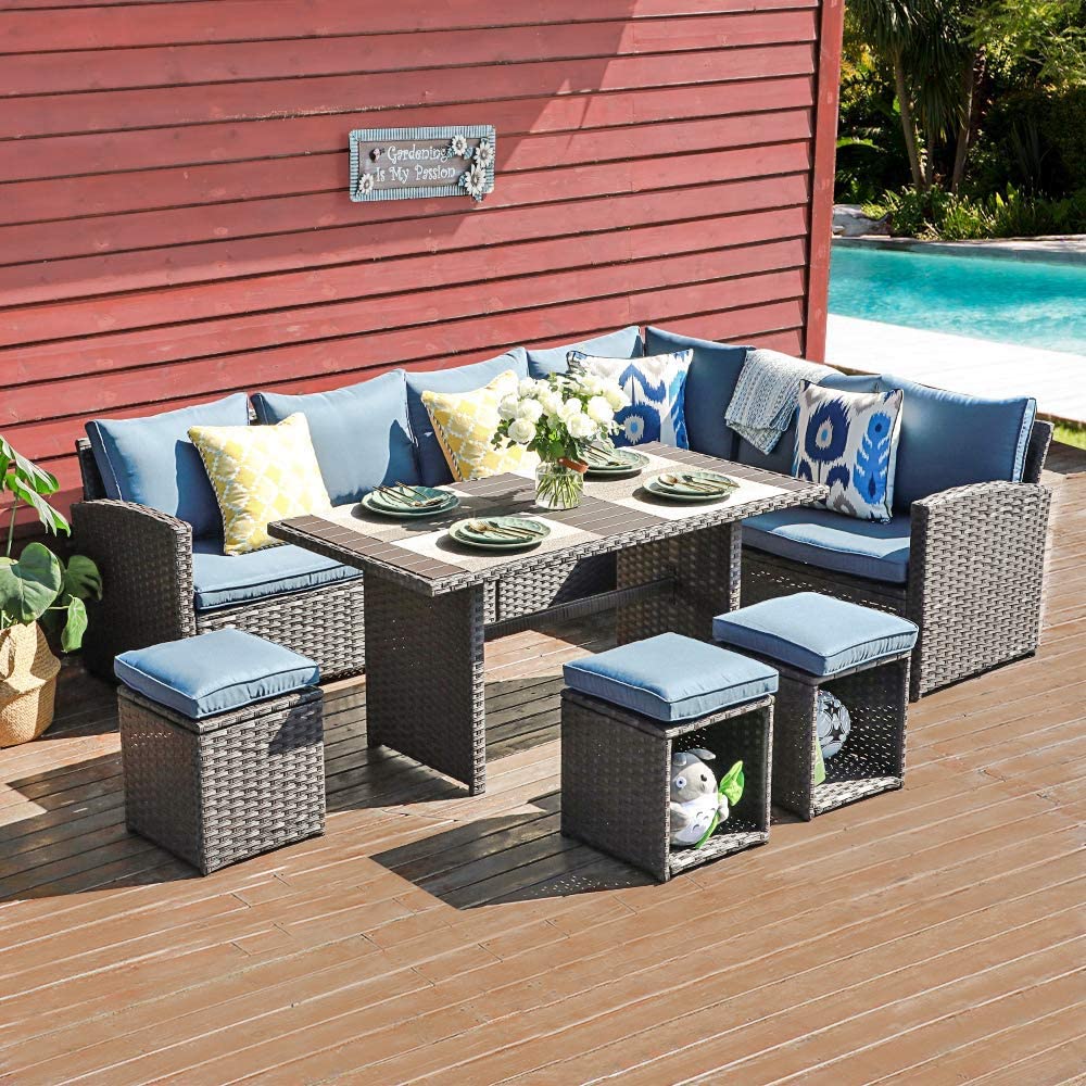 7 PCS PE Rattan Dining Set with Aluminium Table navy