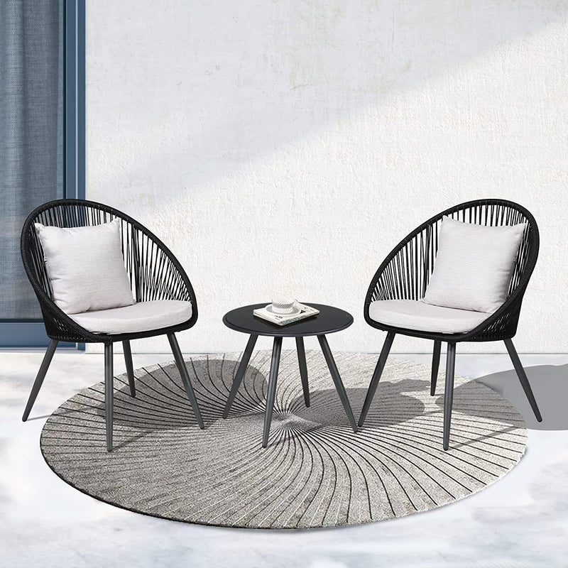 3 Piece Patio Bistro Set, Outdoor Woven Rope Conversation Balcony Furniture Set with Glass Top Table and Cushioned Chairs for Garden, Backyard, Deck, Poolside