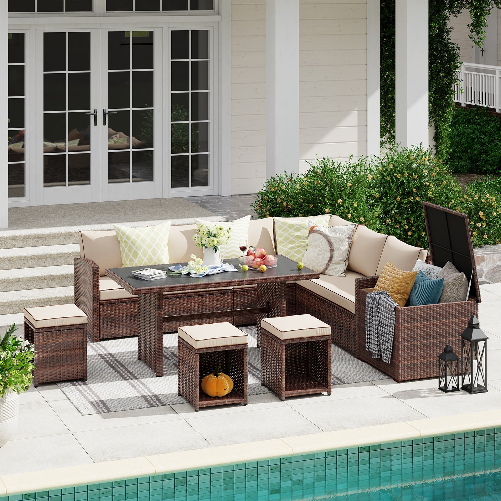 JOIVI 8 Pieces Wicker Patio Dining Sectional Conversation Sofa Set wit