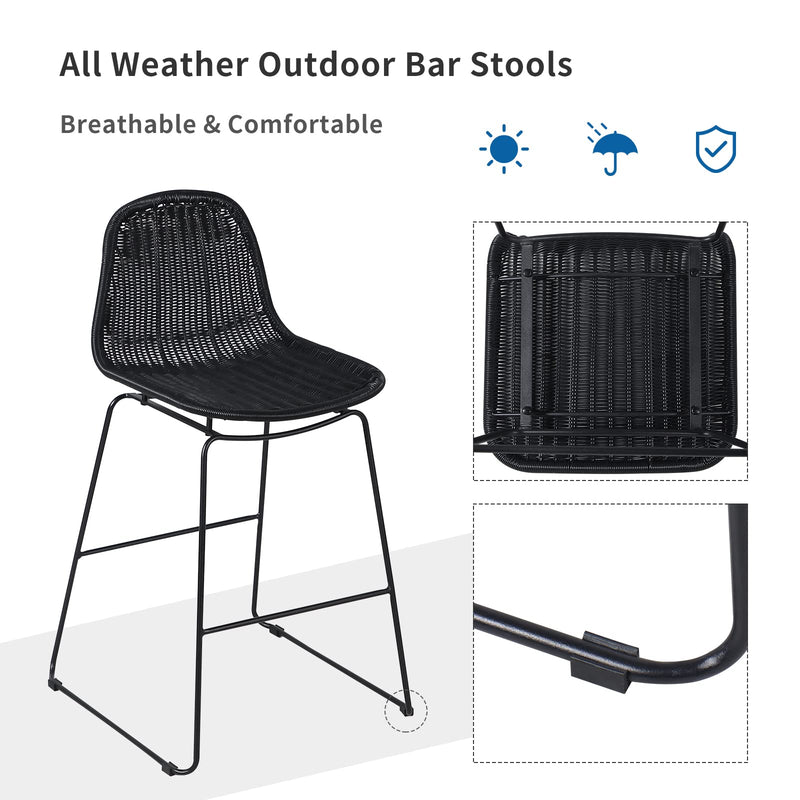 Outdoor Bar Stools, All-Weather Wicker Patio Height Stools, Rattan Patio Bar Height Chairs, Metal Frame with Footrest, Set of 2, Black
