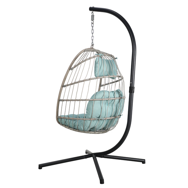 Indoor Outdoor Egg Swing Chair with Stand, Patio Wicker Rattan Hanging Chair with Rope Back, Cushion,Cover,All Weather Foldable Hammock Chair for Bedroom, Garden