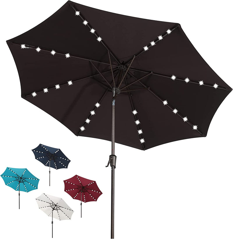 9’ Solar Patio Umbrella with 32 LED Lights, Outdoor Table Market Umbrella with Tilt and Crank for Garden, Lawn, Deck, Backyard and Pool