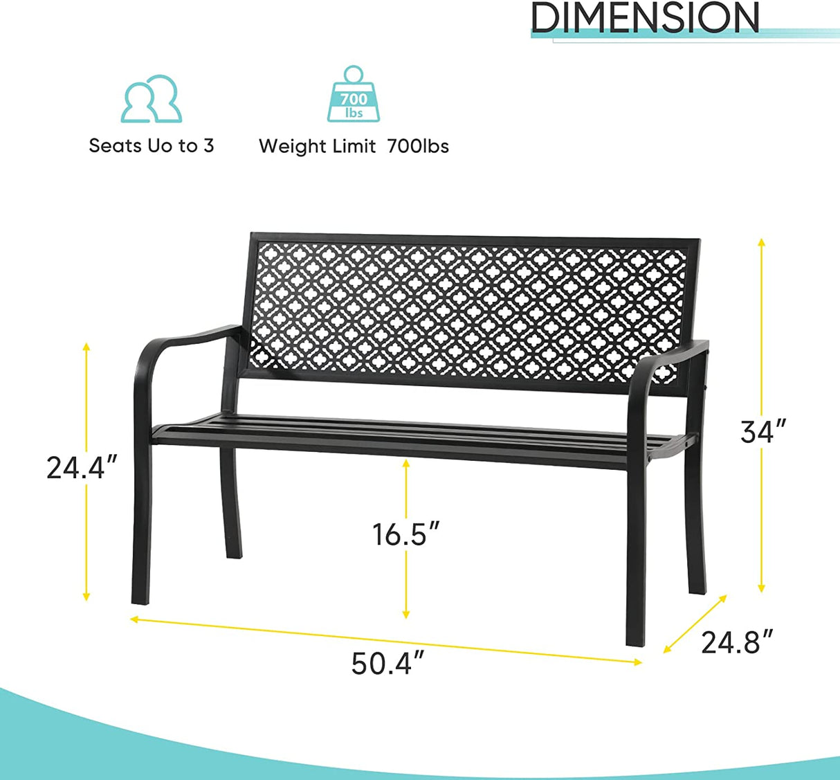 Outdoor Patio Bench Rust-Resistant Metal Park Bench with Armrest, Garden Bench for Yard, Porch, Park, Lawn