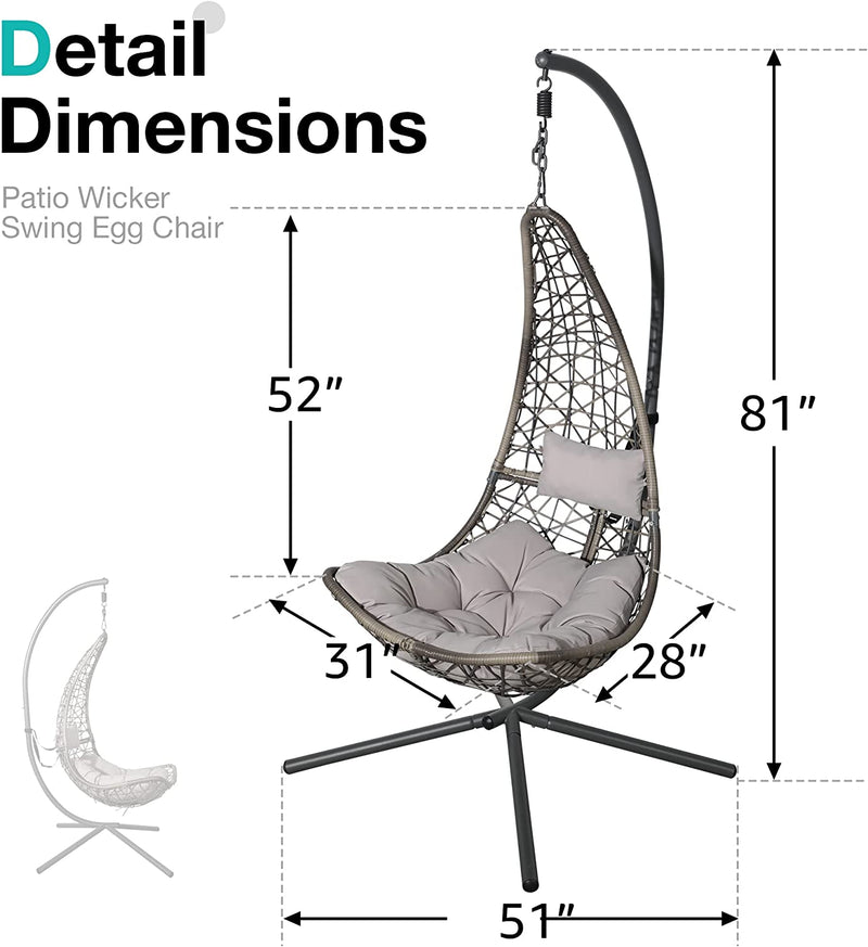 Swing Egg Chair Outdoor Indoor Wicker Hammock Hanging Chair Patio Lounge Chair with Stand and Cushions for Balcony, Deck, Bedroom, Grey Wicker