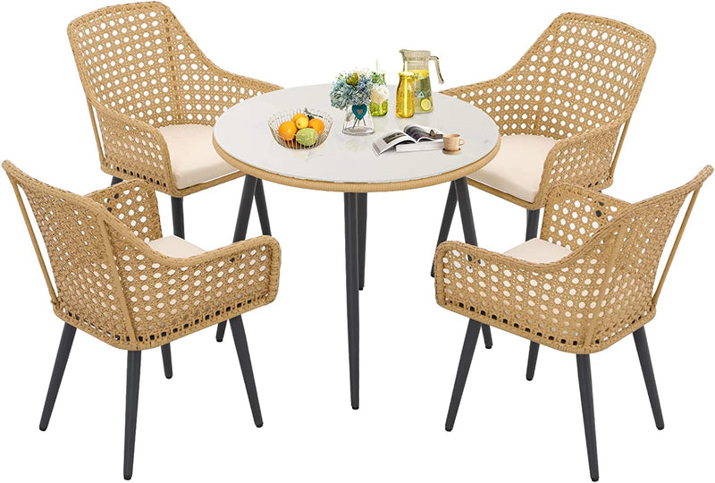 JOIVI 5 Piece Outdoor Dining Set, Wicker Patio Furniture Dining Table and Chairs Set with Cushions for 4 People, Tempered Glass Tabletop with 2.16” Umbrella Hole, for Lawn, Backyard, Balcony, Garden
