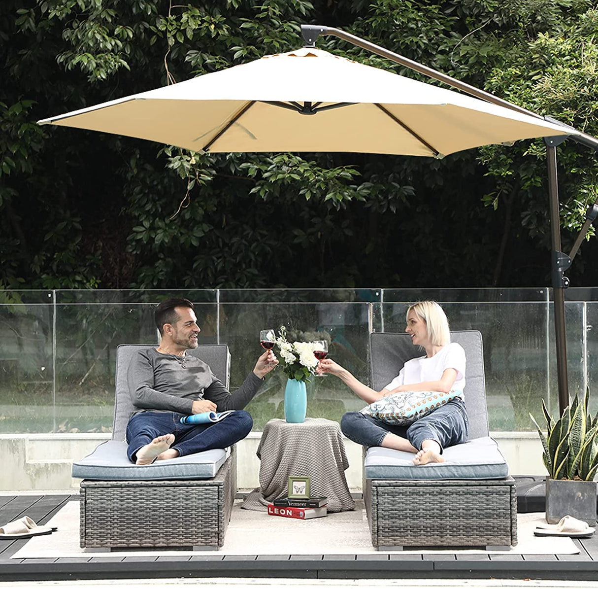 10ft Offset Hanging Patio Umbrella, Outdoor Cantilever Aluminum Umbrella with 360° Rotation, Crank and Tilt System, Cream White