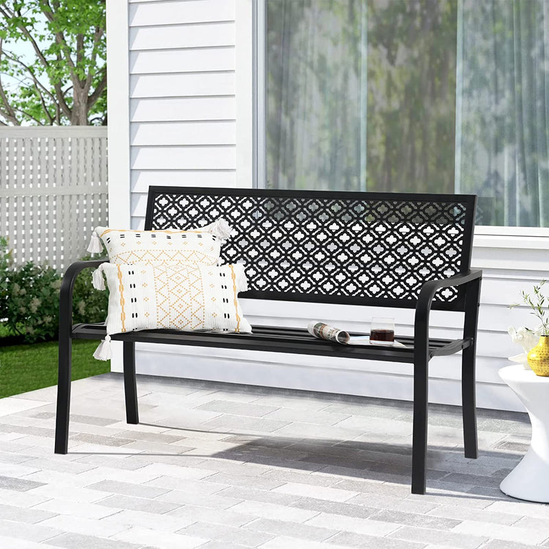 Outdoor Patio Bench Rust-Resistant Metal Park Bench with Armrest, Garden Bench for Yard, Porch, Park, Lawn