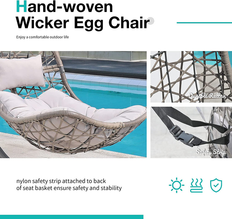 Swing Egg Chair Outdoor Indoor Wicker Hammock Hanging Chair Patio Lounge Chair with Stand and Cushions for Balcony, Deck, Bedroom, Grey Wicker
