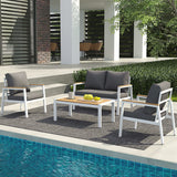 JOIVI Aluminum Patio Furniture Set, 4 Pieces Outdoor Conversation Set with Teak Wood Top Coffee Table, Sectional Sofa Set with Wood Armrest and Cushions for Outside Poolside, Lawn, Backyard, Gray