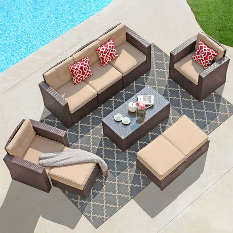 JOIVI 2 PCS Outdoor Patio Ottoman with Thick Cushions,Brown - JOIVI