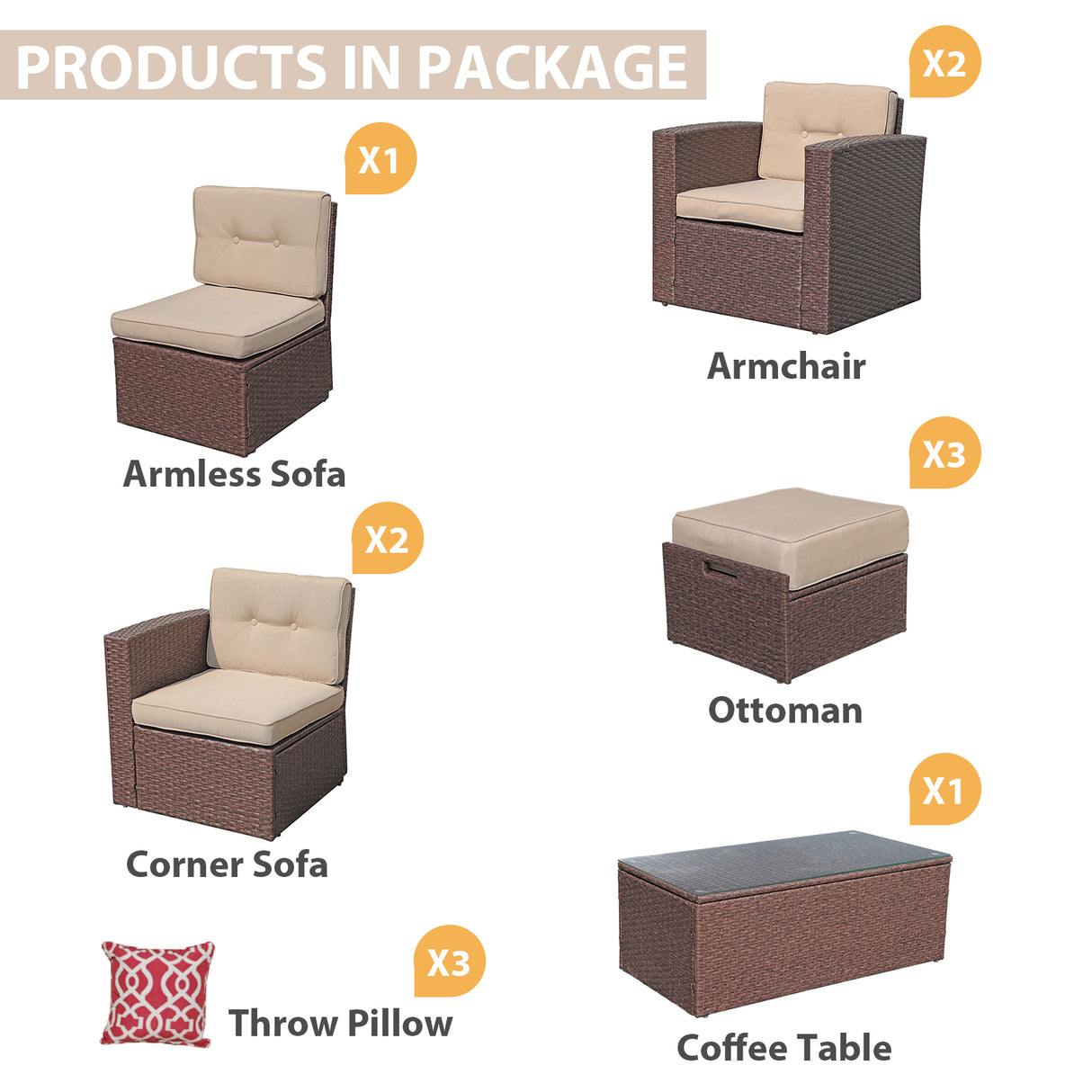 JOIVI 2 PCS Outdoor Patio Ottoman with Thick Cushions,Brown - JOIVI