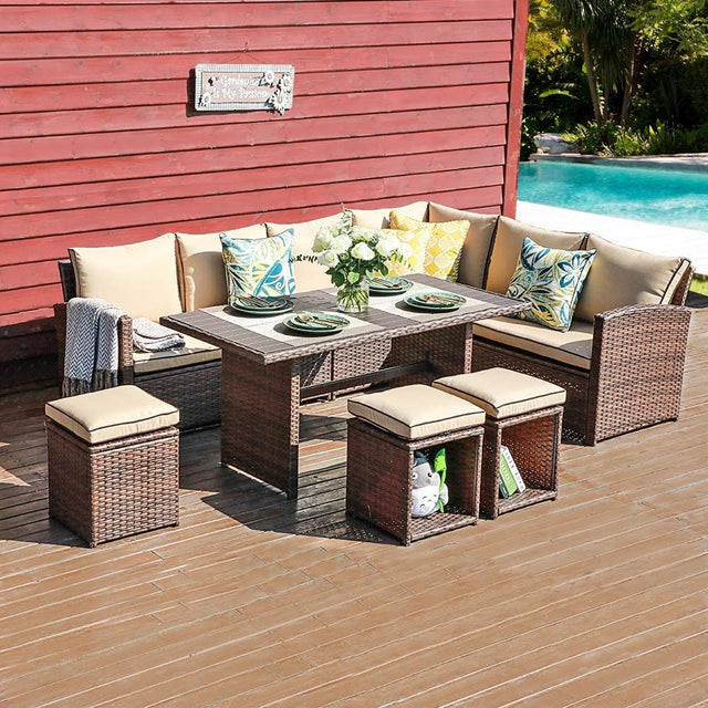 JOIVI 2 PCS Outdoor Patio Ottoman with Thick Cushions,Brown - JOIVI