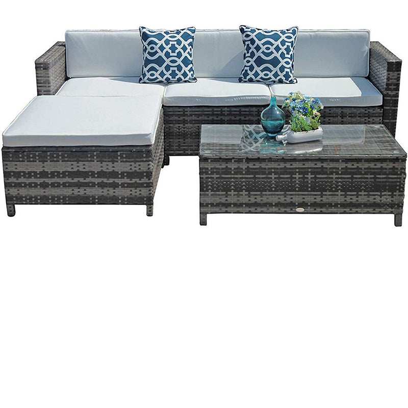 JOIVI 5 PCS PE Rattan Sectional Set with White Cushions and Gray Rattan