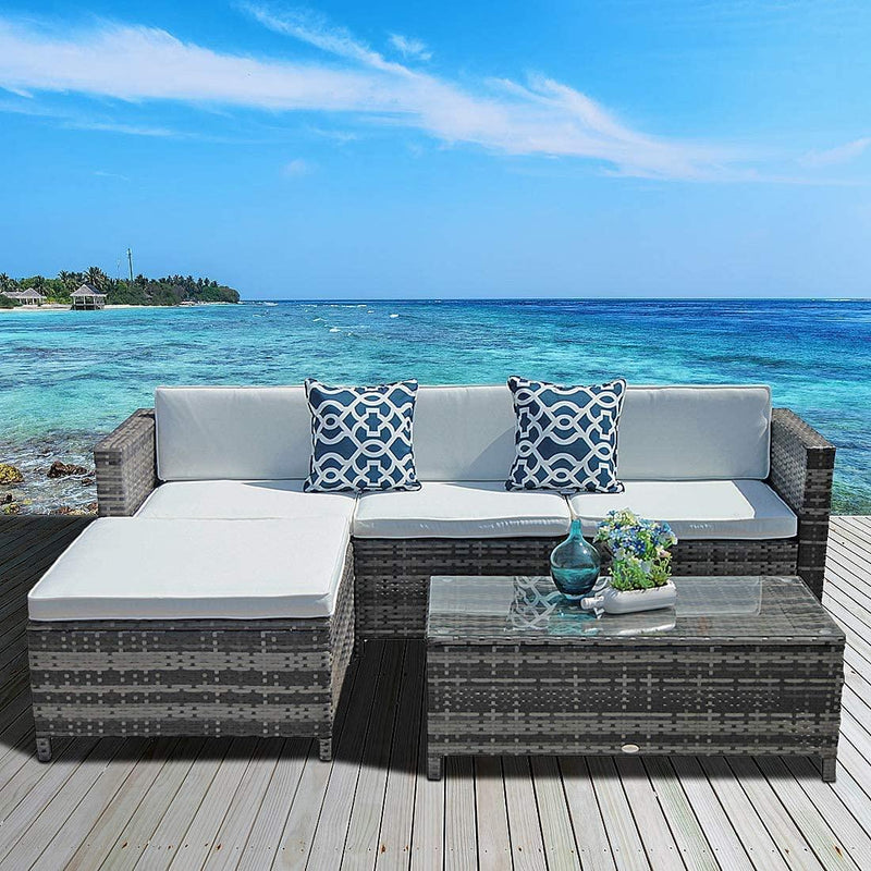 JOIVI 5 PCS PE Rattan Sectional Set with White Cushions and Gray Rattan