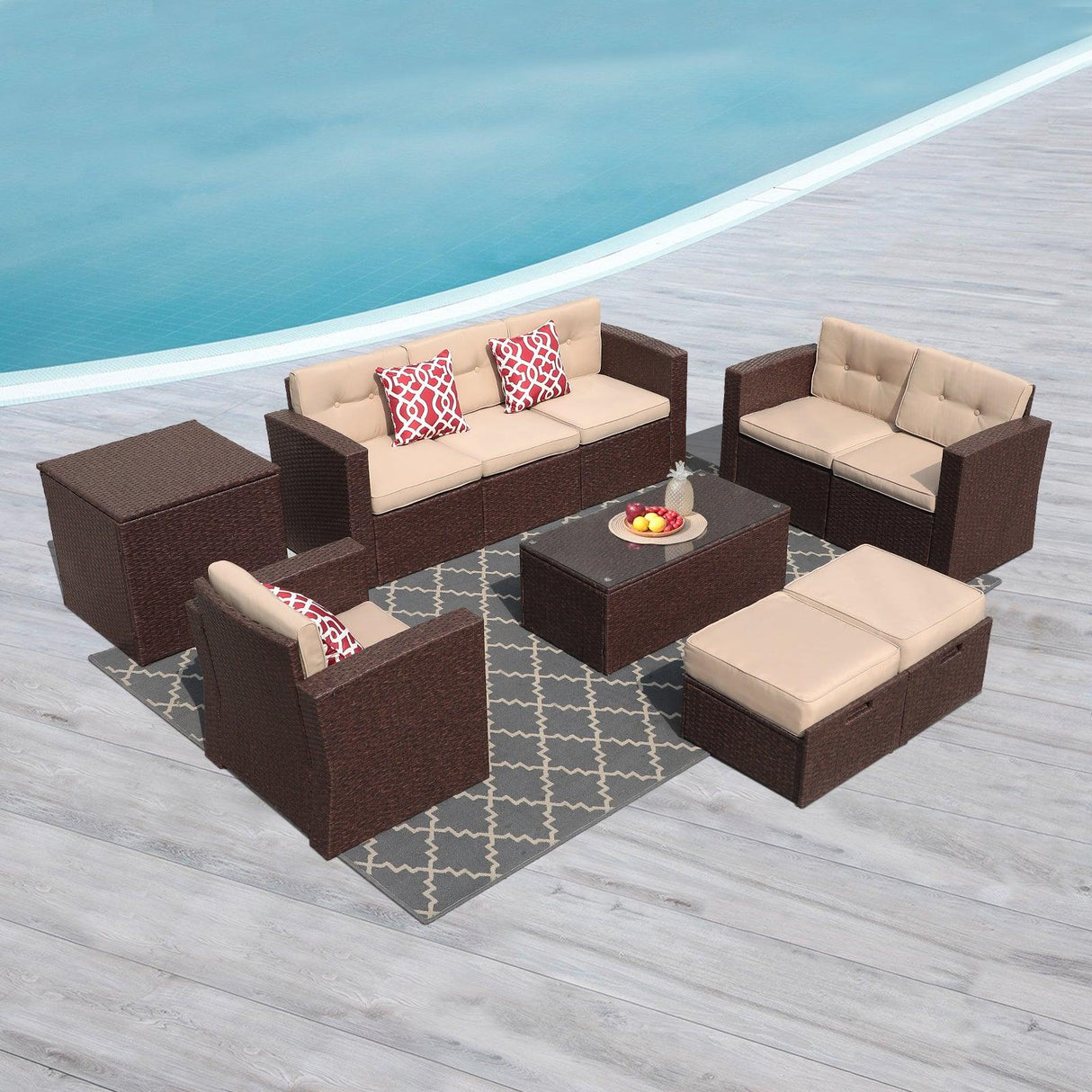 JOIVI 2 PCS Outdoor Patio Ottoman with Thick Cushions,Brown - JOIVI