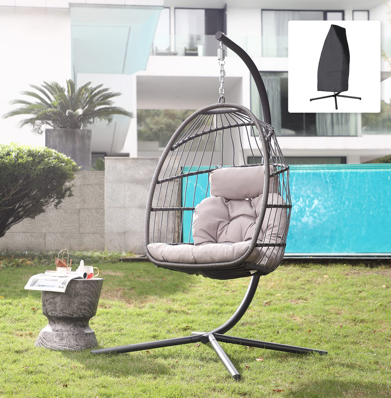 Indoor Outdoor Egg Swing Chair with Stand, Patio Wicker Rattan Hanging Chair with Rope Back, Cushion,Cover,All Weather Foldable Hammock Chair for Bedroom, Garden