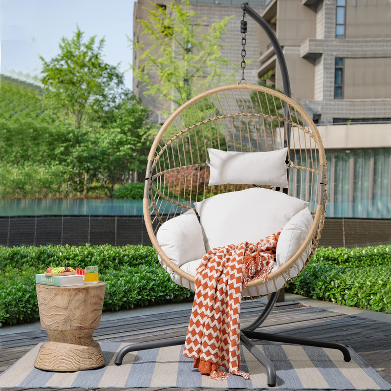 Indoor Outdoor Egg Swing Chair with Stand, Oversized Cocoon-Shaped Rope Woven Hanging Chair W/ Cushion, Safety Strap, Grey
