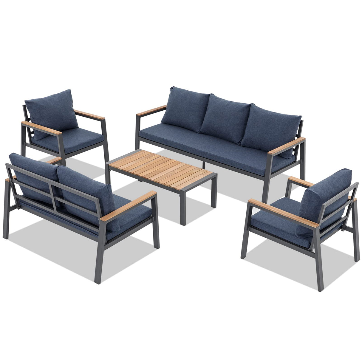 JOIVI Aluminum Patio Furniture Set, 5 Pieces Outdoor Conversation Set with Teak Wood Top Coffee Table, Sectional Sofa Set with Wood Armrest and Cushions for Outside Poolside, Lawn, Backyard,