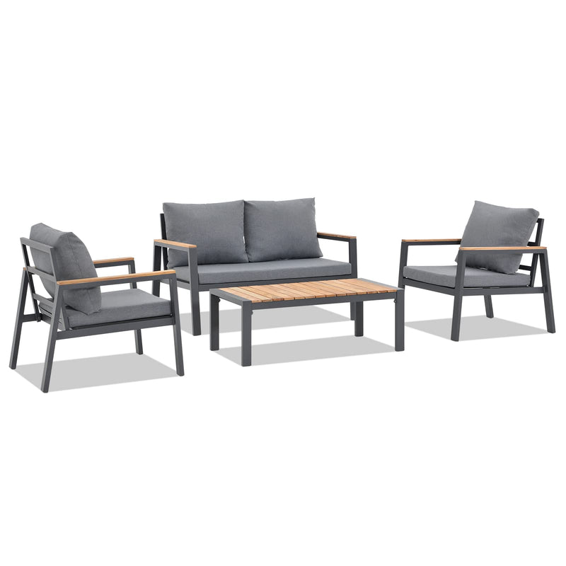 JOIVI Aluminum Patio Furniture Set, 4 Pieces Outdoor Conversation Set with Teak Wood Top Coffee Table, Sectional Sofa Set with Wood Armrest and Cushions for Outside Poolside, Lawn, Backyard, Gray