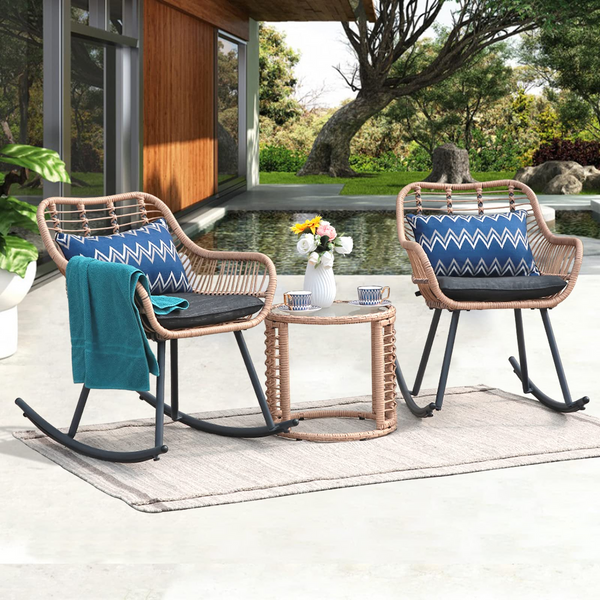 JOIVI 3 Piece Outdoor Furniture Rocking Bistro Set, All Weather Wicker Patio Rocking Chairs Conversation Set with Class Top Side Table and Cushions