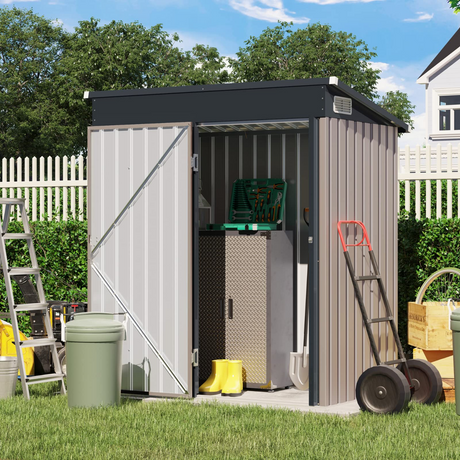 Outdoor Storage Shed, Galvanized Metal Garden Shed W/Lockable Door, Small Waterproof Storage Shed, Taupe