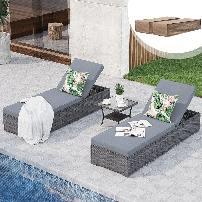 JOIVI Outdoor Chaise Lounge Chair, 3 Piece Patio Pool Lounge Chairs with Coffee Table & Covers for Outside, Rattan Reclining Chaise Lounger with Adjustable Backrest and Removable Cushion