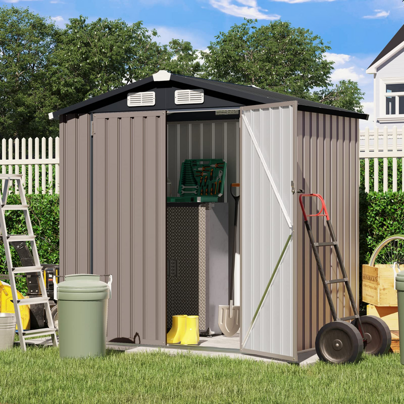 Outdoor Storage Shed, Galvanized Metal Garden Shed W/Lockable Door, Small Waterproof Storage Shed, Taupe