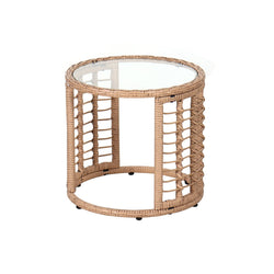JOIVI Outdoor Wicker Side Table, All-Weather Patio Rattan End Table with Glass Top, Round Coffee Table for Indoor Outdoor Backyard Lawn Balcony Pool