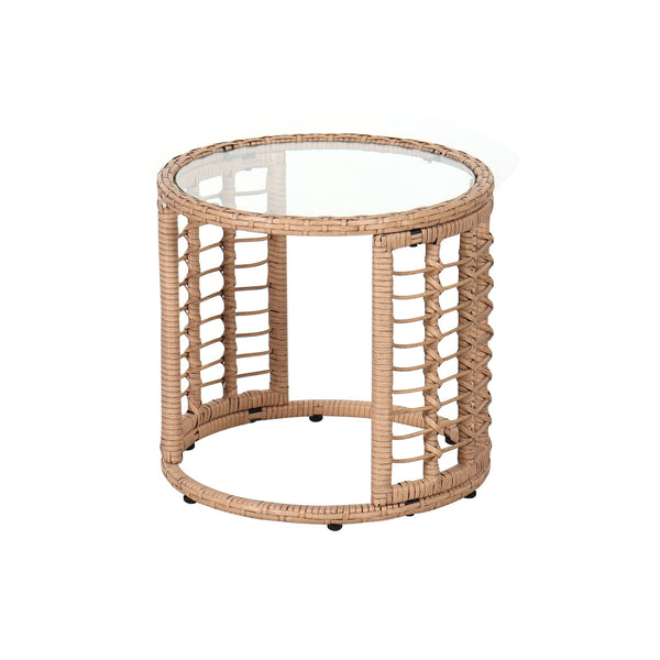 JOIVI Outdoor Wicker Side Table, All-Weather Patio Rattan End Table with Glass Top, Round Coffee Table for Indoor Outdoor Backyard Lawn Balcony Pool