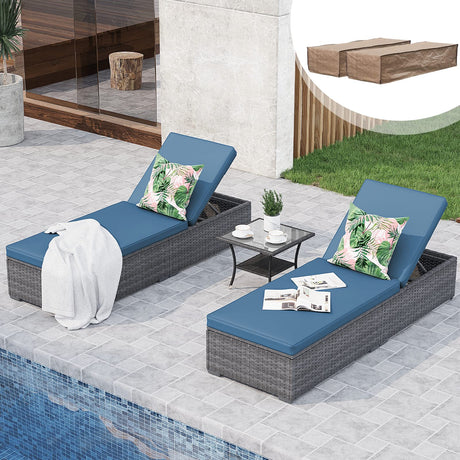 JOIVI Outdoor Chaise Lounge Chair, 3 Piece Patio Pool Lounge Chairs with Coffee Table & Covers for Outside, Rattan Reclining Chaise Lounger with Adjustable Backrest and Removable Cushion