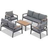 JOIVI Aluminum Patio Furniture Set, 5 Pieces Outdoor Conversation Set with Teak Wood Top Coffee Table, Sectional Sofa Set with Wood Armrest and Cushions for Outside Poolside, Lawn, Backyard,