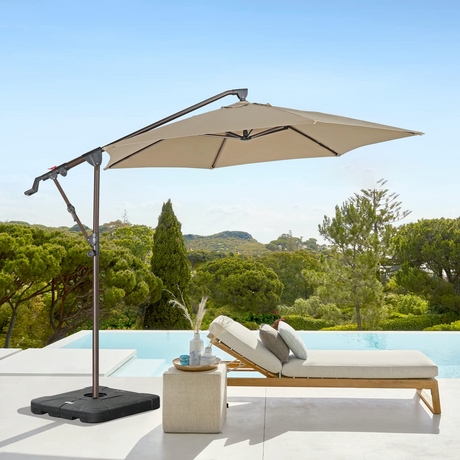 10ft Offset Patio Umbrella with Base Included, Hanging Outdoor Umbrella with Water Sand Filled Umbrella Stand Weights