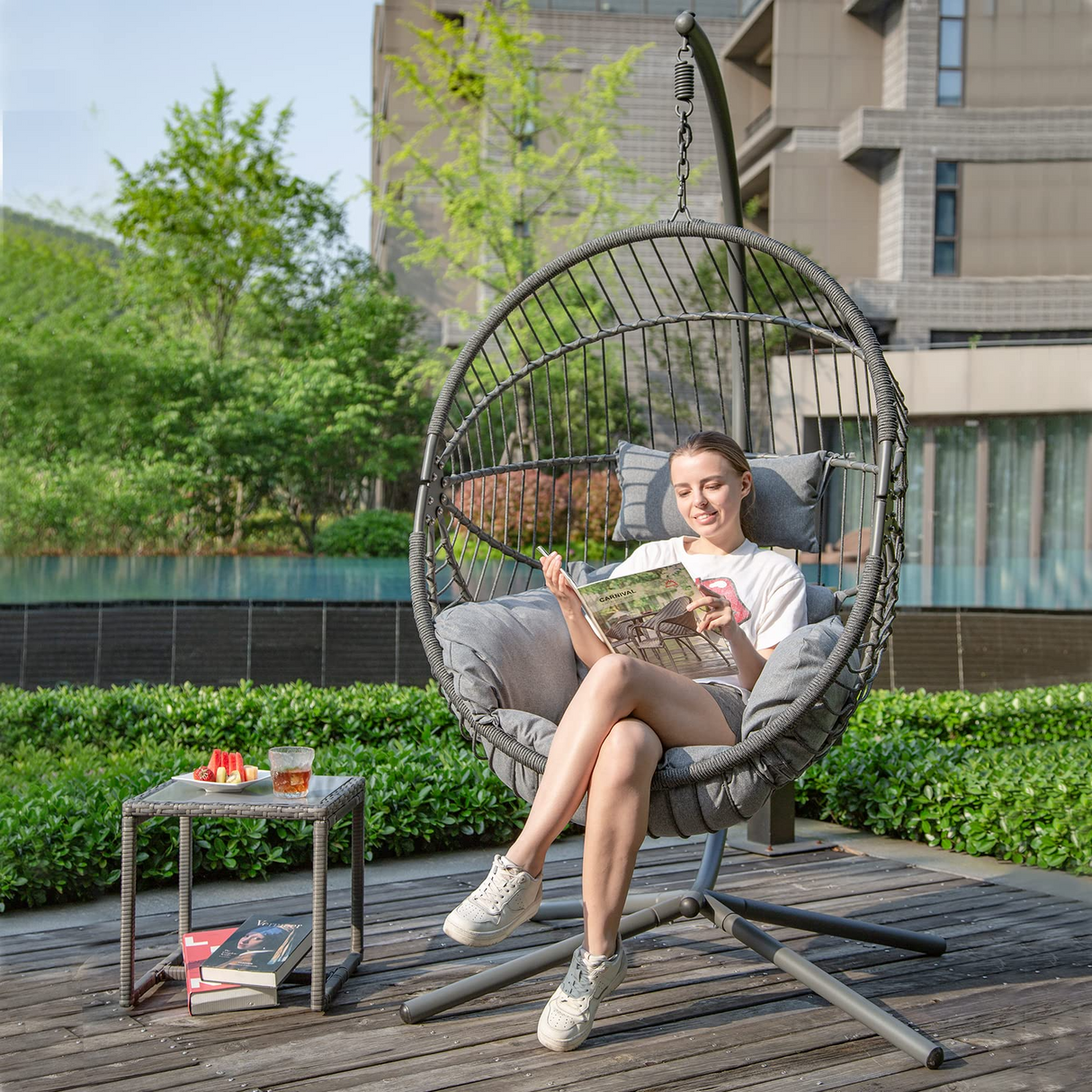 Indoor Outdoor Egg Swing Chair with Stand, Oversized Cocoon-Shaped Rope Woven Hanging Chair W/ Cushion, Safety Strap, Grey