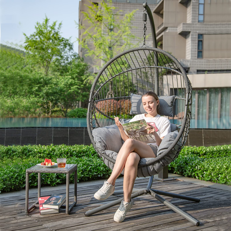 Patiorama Indoor Outdoor Egg Swing Chair with Stand, Oversized  Cocoon-Shaped Rope Woven Hanging Chair W/Cushion, Safety Strap, Patio  Wicker Foldable
