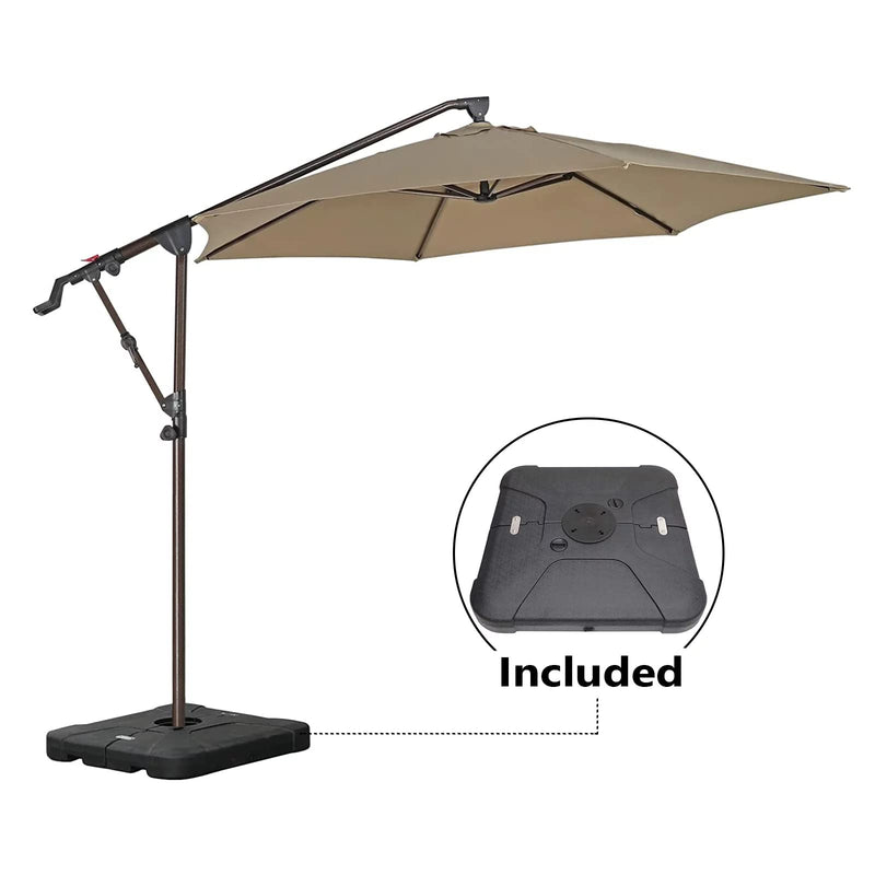 10ft Offset Patio Umbrella with Base Included, Hanging Outdoor Umbrella with Water Sand Filled Umbrella Stand Weights