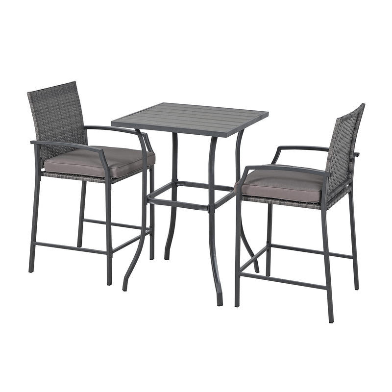 JOIVI 3 Piece Patio Bar Set, Outdoor Wicker Counter Height Bar Stools and Wood Top Table Set for 2 People, Bar Height Table Bistro Set with 2 Bar Chairs and Cushions for Backyard, Poolside, Balcony