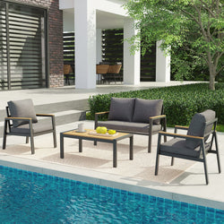 JOIVI Aluminum Patio Furniture Set, 4 Pieces Outdoor Conversation Set with Teak Wood Top Coffee Table, Sectional Sofa Set with Wood Armrest and Cushions for Outside Poolside, Lawn, Backyard, Gray