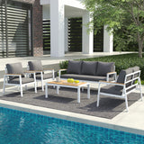 JOIVI Aluminum Patio Furniture Set, 5 Pieces Outdoor Conversation Set with Teak Wood Top Coffee Table, Sectional Sofa Set with Wood Armrest and Cushions for Outside Poolside, Lawn, Backyard,