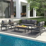 JOIVI Aluminum Patio Furniture Set, 5 Pieces Outdoor Conversation Set with Teak Wood Top Coffee Table, Sectional Sofa Set with Wood Armrest and Cushions for Outside Poolside, Lawn, Backyard,