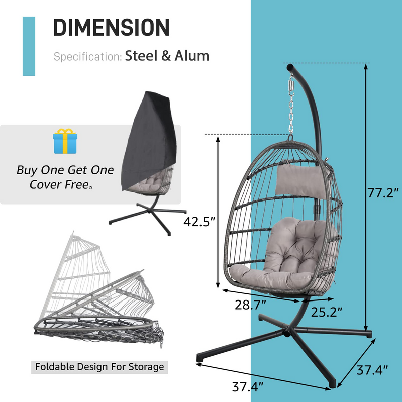 Indoor Outdoor Egg Swing Chair with Stand, Patio Wicker Rattan Hanging Chair with Rope Back, Cushion,Cover,All Weather Foldable Hammock Chair for Bedroom, Garden