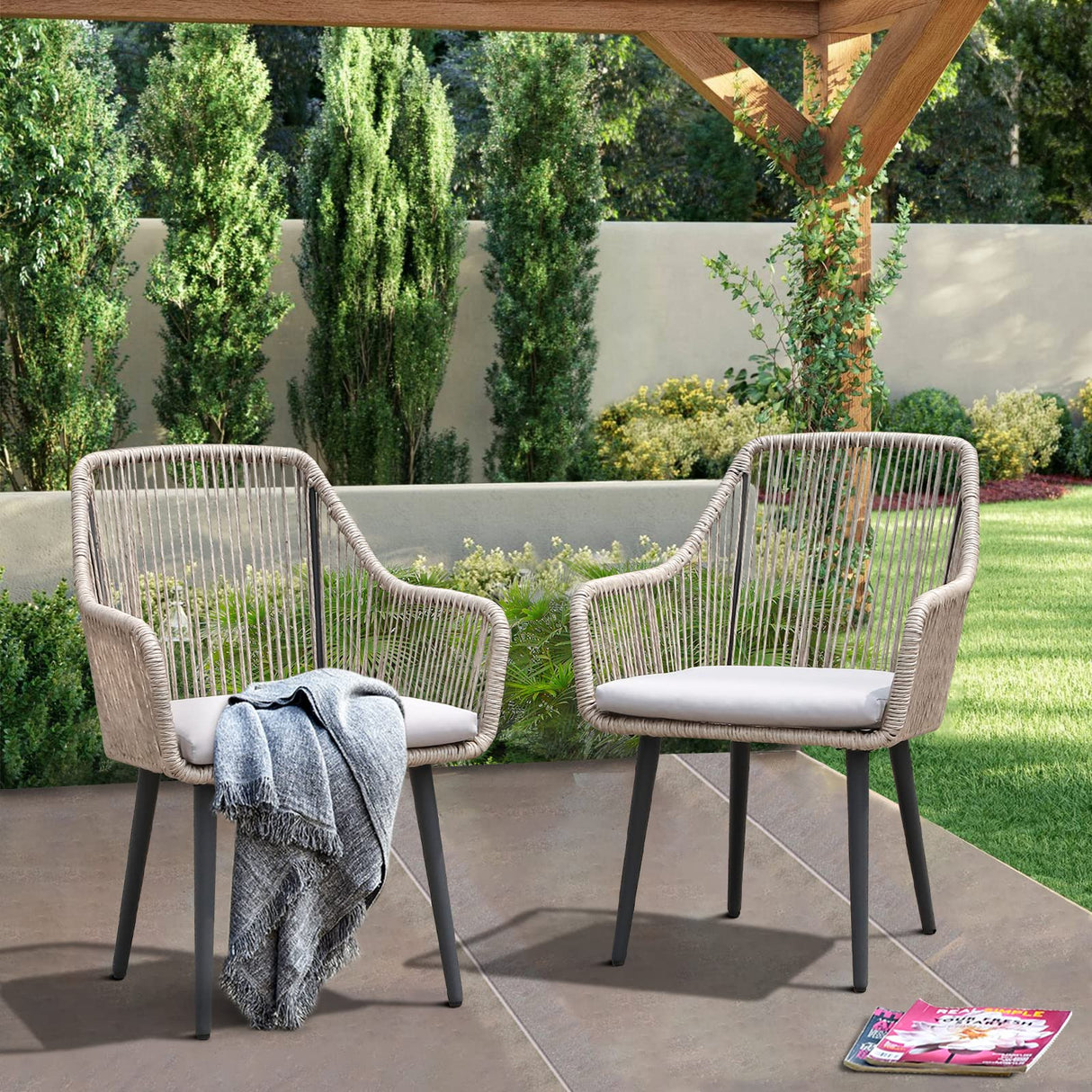 JOIVI Patio Dining Chairs Set of 2, Outdoor Rattan Chairs with Armrest and Cushions for Outside Lawn, Garden, Backyard, Indoor,